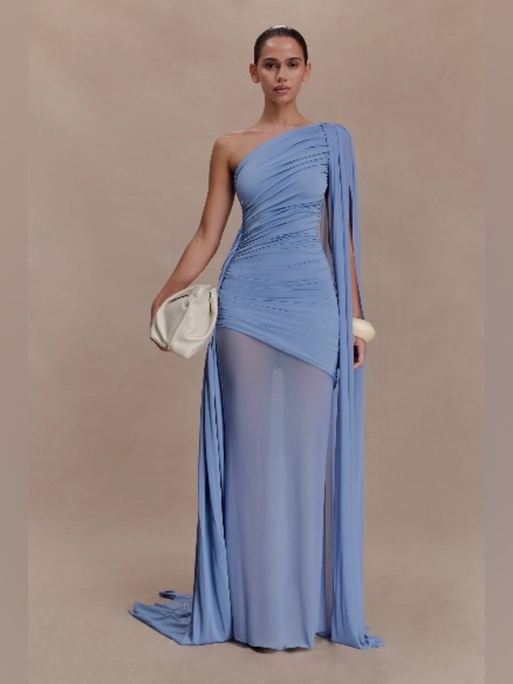 Meshki One-Shoulder Draped Gown in Light Blue